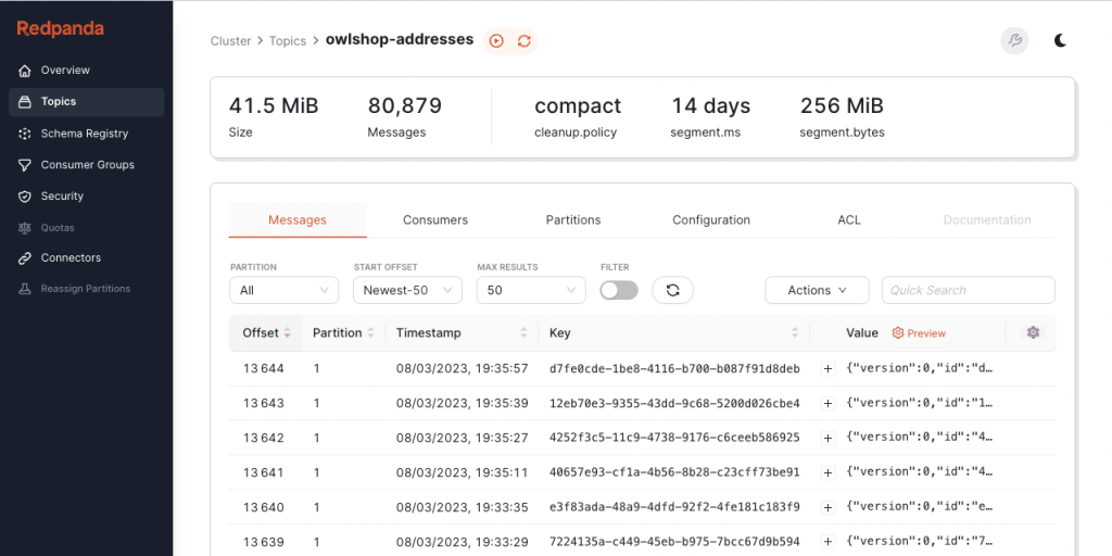 пример GUI консоли RedPanda для управления кластером Apache Kafka