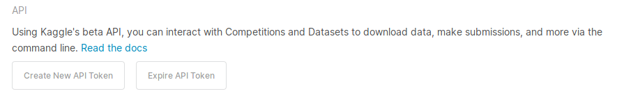 Раздел в настройках Kaggle с созданием токена