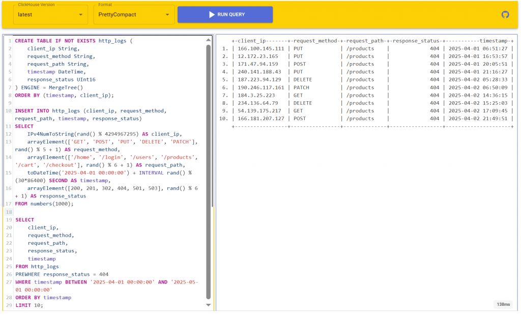 Выполнение запросов в песочнице ClickHouse