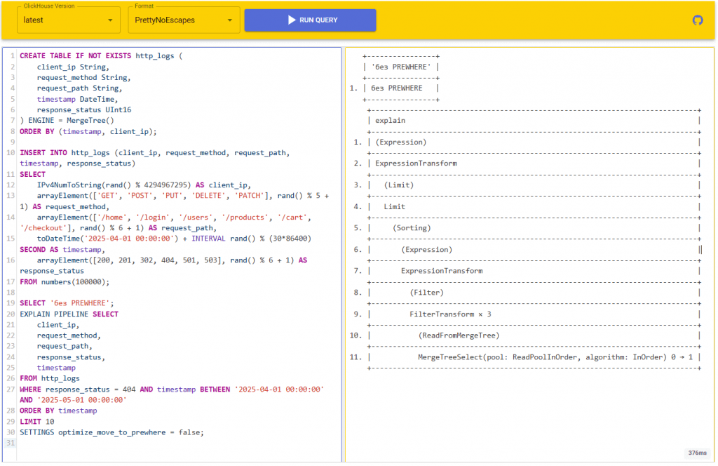 Просмотр плана выполнения запроса без оператора PREWHERE