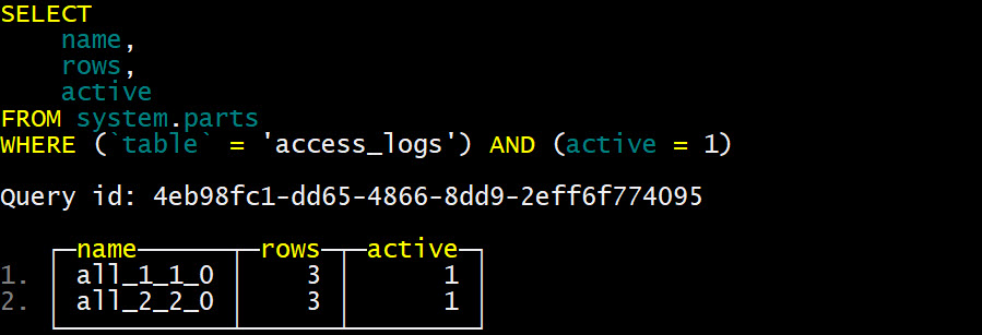 Количество партов используемые таблицей Оптимизированный запрос в ClickHouse использует Sparse Index - - бесплатный курс ClickHouse от https://dev.bigdataschool.ru