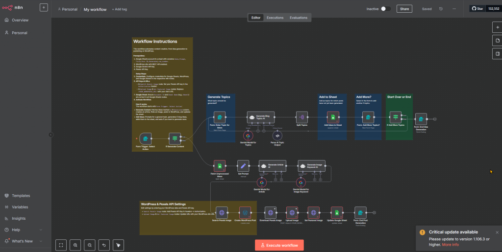 Self hosted сервер n8n с примером GUI для реадктирования Workflow